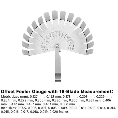 Two Pack Steel Feeler Gauge Set With Dual Metric And Imperial Markings For Quick Gap Checks, showing 16 blades fanned out.