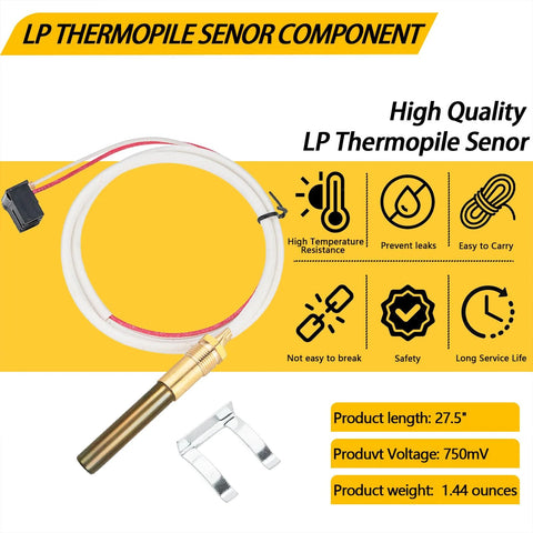 LP thermopile sensor component for pilot burner assembly; white insulated cable, brass probe, mounting clip.