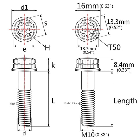 Technical diagram of Titanium Flange Bolts 12 Point Head M10 X 40mm Pack Of 4 Burnt Blue Grade 5 Titanium Alloy, dimensions labeled.