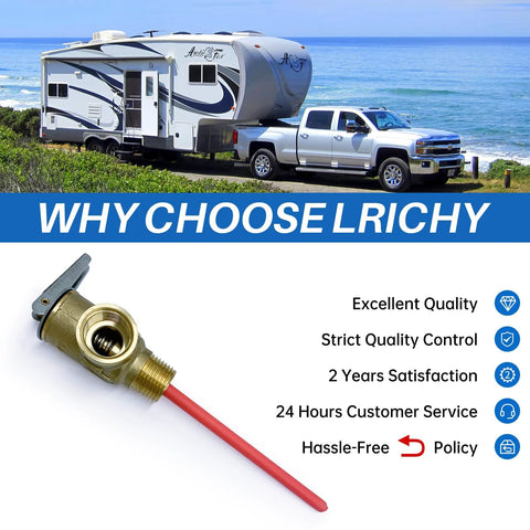 Lrichy 1/2 in NPT brass temperature-pressure relief valve with extended probe for RV water heaters, red hose.