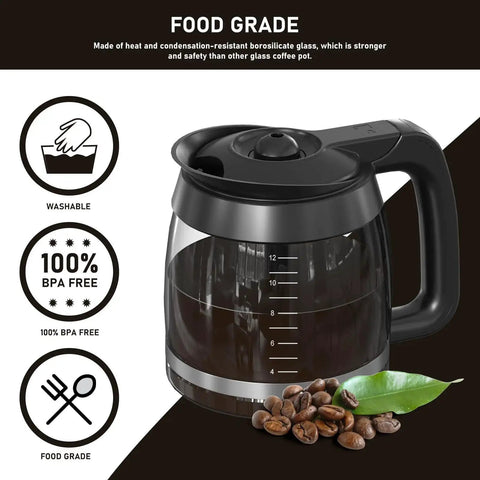 12-cup glass coffee carafe replacement for Ninja brewers; glass body with black lid and handle