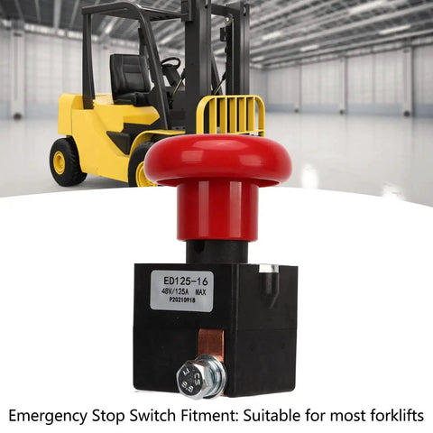 Emergency Stop Switch For Forklifts 48V 125A ED125-16 Heavy Duty Push Button with metal alloy, shown on a forklift background