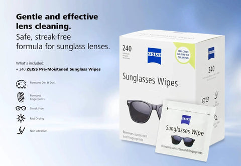 ZEISS Pre-Moistened Sunglasses Cleaning Wipes For Smudge Removal 240 Count box and wipe sachet on soft gradient background.
