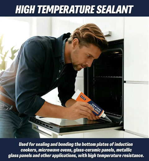 Person applying Heavy-Duty High Temperature Silicone Sealant For Ovens And Appliances, Boss Level Heat Resistant Glue to an oven door.