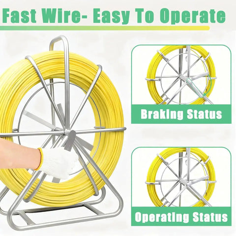 6mm By 500ft Fiberglass Duct Rodder For Conduit Installations on steel reel stand, showing braking and operating status, close-up view.