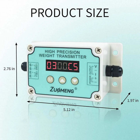 Front view of industrial load cell amplifier transmitter with unit switching for scales and automation, dimensions labeled