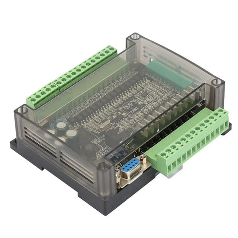DC24V PLC Controller with 32-bit MCU, 100kHz Pulse, DIN Rail Mountable, showing connectors and housing; front view.