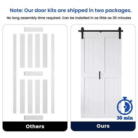 Comparison of unassembled and assembled Bifold Barn Door System 72x84 Inches White MDF Sliding Closet Doors With Hardware Kit Included.