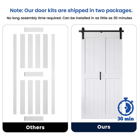 Comparison of packaged parts and assembled door of Space Saving Bifold Barn Door Kit 60 By 84 Inches White MDF Bi Fold Sliding Closet Doors With Hardware Included No Sweat Install Pre Finished Easy Assembly Waterproof PVC Surface H Frame 68 Inch Track For Four Doors.