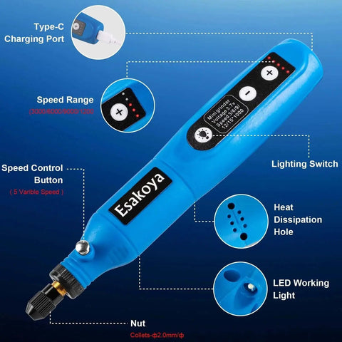 Cordless Rotary Tool Kit With 75 Accessories For Engraving Sanding Polishing Drilling And Grinding 5 Variable Speeds Three Point Seven Volt Type C Charging Ideal Diy Craft Power Tool For Wood Metal Plastic Glass