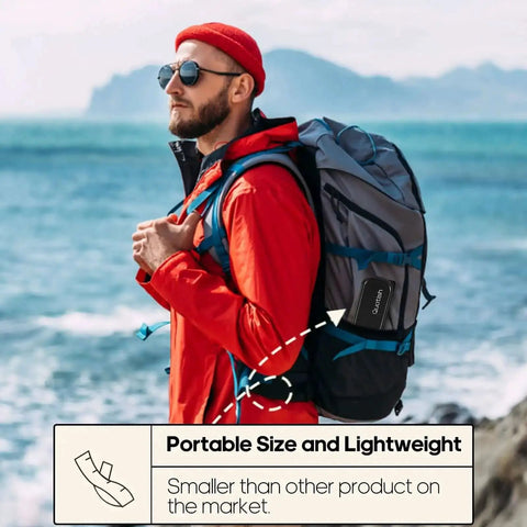 Man hiking with backpack on cliff, highlighting portable stainless steel travel utensil set with case for camping.