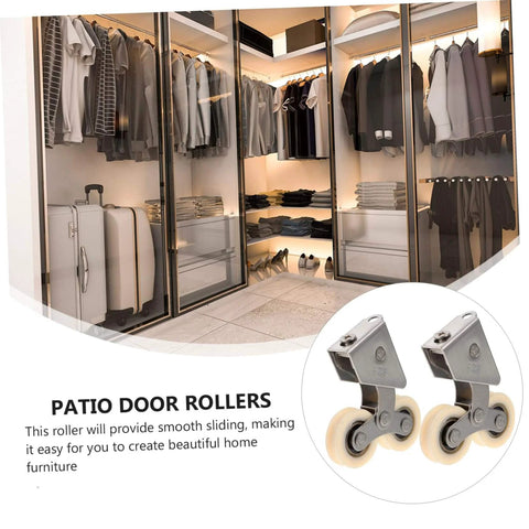 2 Pack Heavy Duty Aluminum Sliding Door Rollers With Stainless Steel Wheels For Windows Patio Doors Closets And Cabinets Replacement Pulley For Wardrobe Tracks Easy Glide And Smooth Operation On Sliding Doors, shown installed in a closet system with overlapping sliding doors, featuring a close-up view of the rollers.
