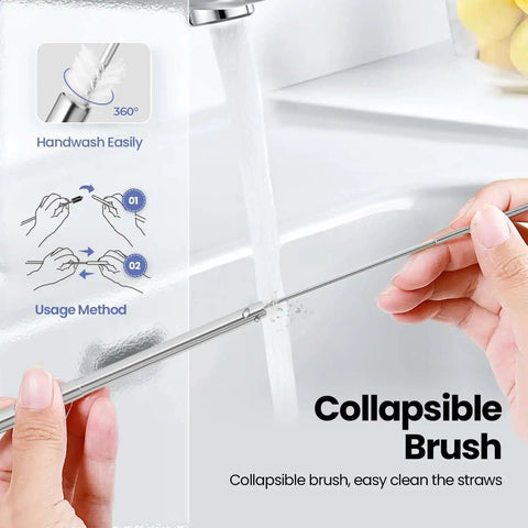 Travel Ready Reusable Collapsible Telescoping Stainless Steel Straws 4 Pack TSA Friendly cleaning brush in use at sink