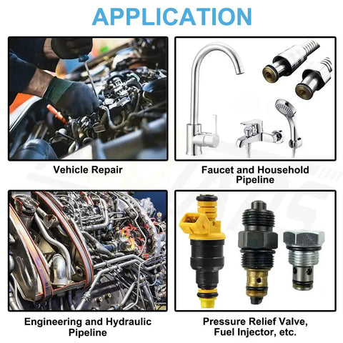 Applications of Nitrile O Ring Kit 1200 Pcs 24 Size Assortment For Plumbing Gas Automotive And Faucet Repair Oil And Heat Resistant NBR O Rings Seal Washers Durable Anti Static Long Lasting Pro Grade Sealing Set shown in vehicle repair, faucet pipeline, and hydraulic use.