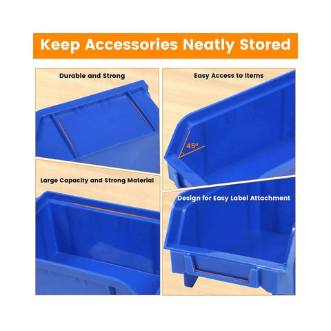 Close-up view of blue bin from All In One Wall Mount Storage Rack With 30 Bin Heavy Duty Organizer for small parts.