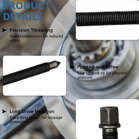 21 In 1 Bearing Puller Set With Curved Hook And 6 Collets For Easy Bearing Removal And Gear Disassembly, Pro Grade Heavy Duty Forged Steel Construction With Corrosion Resistant Black Oxide Finish, Ideal For Auto Repair And Industrial Machinery with details on precision threading and pointed-end screw.