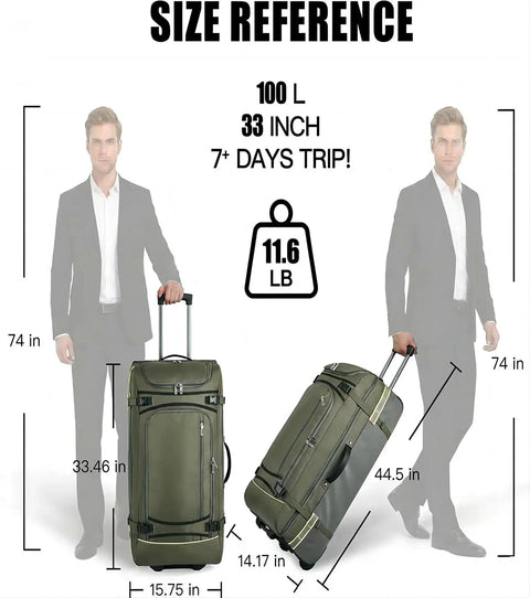 Army green 100L Extra Large Rolling Duffel Bag With Wheels And Handle for travel, shown in size comparison with a man, highlighting dimensions.