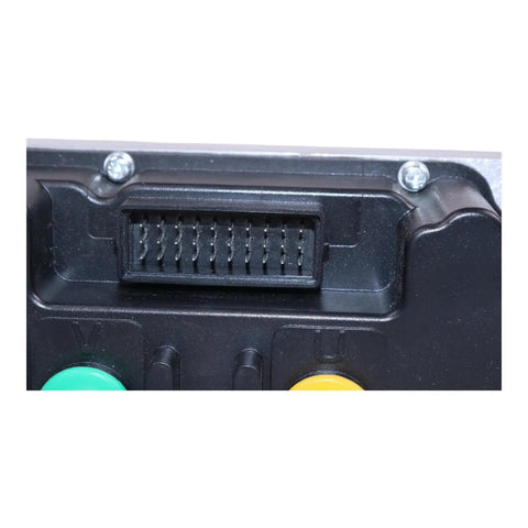 Close-up of black HOLDWELL motorcycle controller front panel with a multi-pin connector and green and yellow buttons