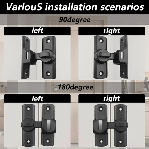 Black Barn Door Lock With 90 Or 180 Degree Flip Door Chain Lock A Versatile Security Sliding Lock For Bathrooms Garages Cabinets And Storm Doors No Fuss Install Sturdy Black Finish 1 Pack shown in installation scenarios