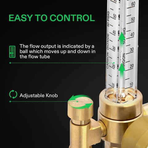 Rock Solid Brass Argon CO2 Gas Regulator With Flow Meter And Gauge for MIG TIG Welding showing adjustable knob and flow tube