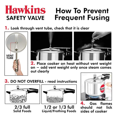 Hawkins aluminium safety valve poster for pressure cookers; vent tube diagram, two pressure cooker images, and safety steps