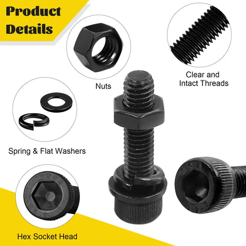 All In One 272 Piece M5 Screws Nuts Washers Kit With Hex Socket Head Bolts showcasing nuts, spring and flat washers, and clear threads