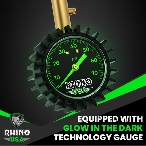 Rhino USA tire pressure gauge with glow-in-the-dark large 2-inch dial and brass hardware