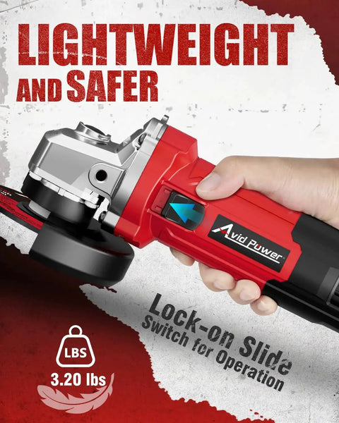 Close-up of a hand holding a powerful four point five inch angle grinder with 750 watt motor 11500 RPM six point five amp for metalworking