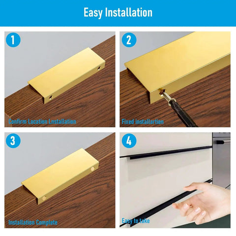 Installation steps of 10 Pack Edge Finger Pulls For Cabinets, 4.72 Inch Length, 96 Mm Hole Center in gold finish on wooden cabinet.