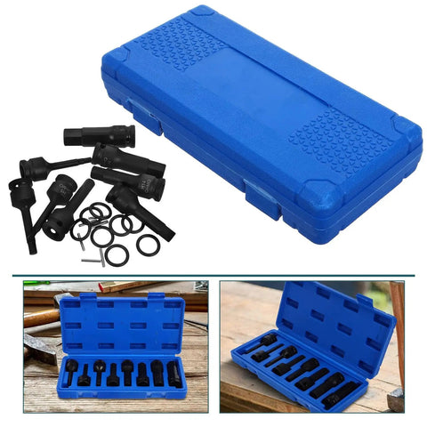 Blue plastic case opened to reveal JEWEDECO 8-piece 1/2-inch impact wrench hex sockets with sleeve adapters.