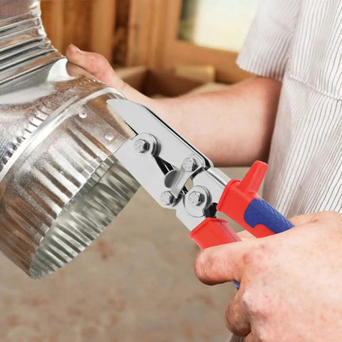 Person using Five Blade Hand Crimper Pro Grade Heavy Duty Rust Resistant Gutter Crimping Tool on HVAC duct.