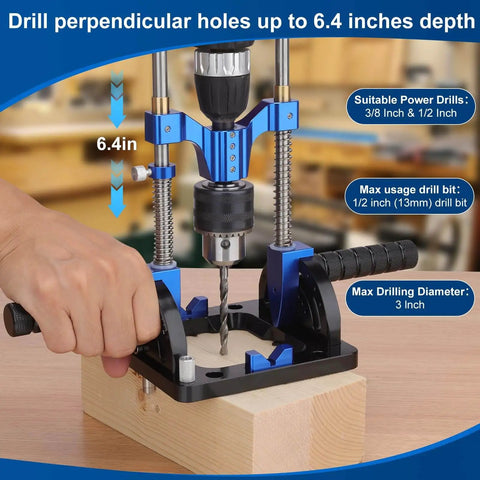 All Metal Adjustable Drill Guide With Multi Angle Capability From Zero To Sixty Degrees For Straight Holes, Drill Press Adapter For Hand Drills, Includes One Half Inch Chuck, Key, Guide Rod, Precision Drilling Jig In Durable Blue in use on wood