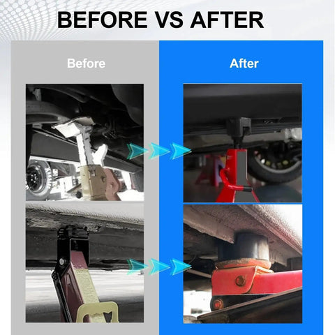 Comparison of jack usage before and after with Universal Rubber Jack Stand Pads and Adapters for Pinch Weld Frame Rails 4 Pack