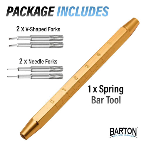 Stainless Steel Watch Link Removal Tool Kit With Built In Ruler For Quick Band Sizing Pin Extraction And Link Replacement Durable Precise Easy To Use All In One Pro Grade Watch Band Adjustment Tool, shown with gold spring bar tool and fork tips.
