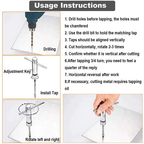 Ratchet T Handle Tap Wrench and 5 Metric Taps M3 M4 M5 M6 M8 Handy Two Way Adjustable Tapping Tool Kit usage instructions