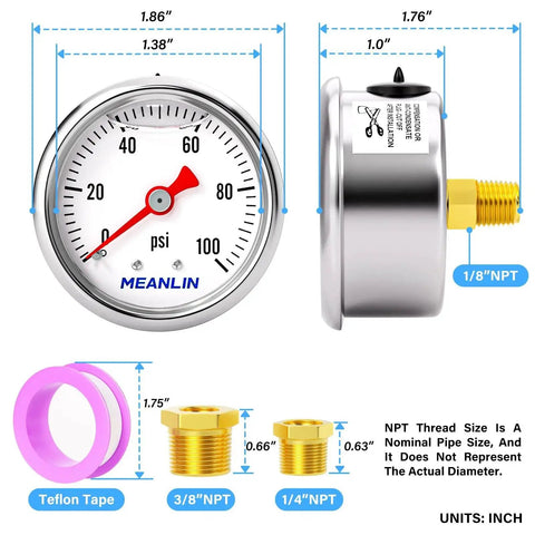 Stainless Steel Liquid Filled Pressure Gauge With 1.5 Inch Dial Face 0 To 100 Psi 1/8 Inch NPT Back Mount Glycerin Filled For Water Oil And Air