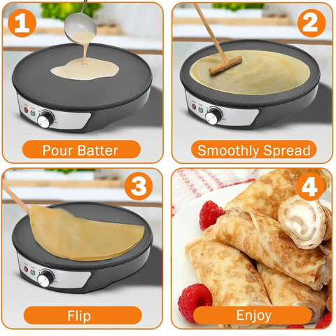 Step-by-step crepe making with 12 inch electric crepe maker with nonstick surface, adjustable temperature control, spreader and spatula included.
