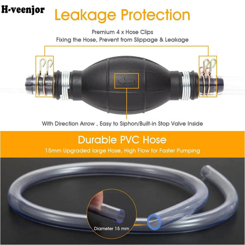High Flow Hand Fuel Siphon Pump For Gasoline Oil Diesel With 2 Premium PVC Hoses showing one-way valve and 15mm hose