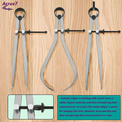 Pro Grade 8 Inch Spring Caliper Set For Woodworking Carbon Steel Outside Caliper Inside Caliper And Divider 3 Piece Measuring Tool For Wood Turning Lathe Projects Acrux7 displayed against a wooden background, featuring metal springs and adjustment screws.