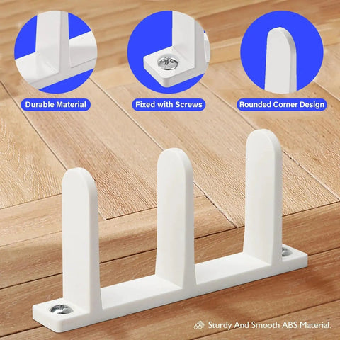 4 Pack Universal Sliding Door Bottom Guide In White ABS Floor Track For One And Three Eighths Inch Thick Closet And Cabinet Doors Includes Mounting Screws And Side Support To Keep Doors Centered And Sliding Smoothly shown installed on wooden floor with durable material and rounded corner design.