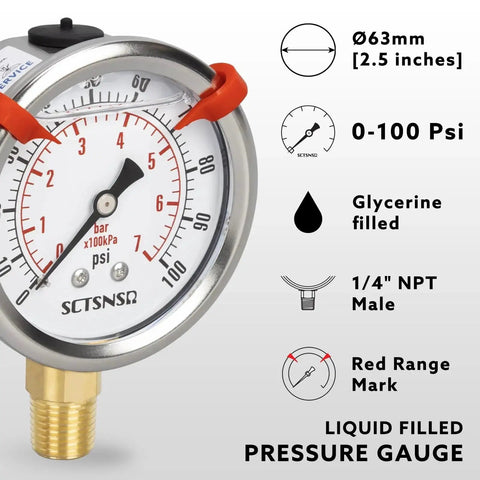 0 To 100 Psi Glycerin Liquid Filled Pressure Gauge With Two And A Half Inch Dial Lower Mount One Quarter Inch NPT Stainless Steel Case
