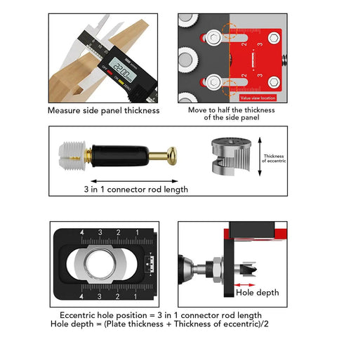 Three In One Dowel Jig Kit Pocket Hole Jig With Adjustable Woodworking Drill Locator diagram showing measurement and configuration steps