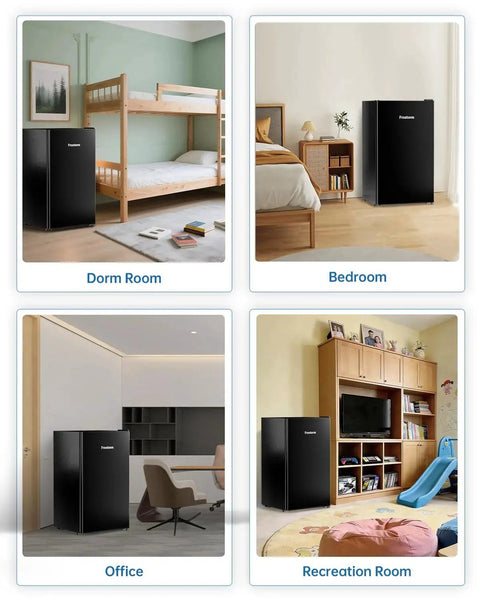 Collage showing 3.2 Cu Ft Mini Fridge With Freezer And Reversible Door For Dorm Energy Efficient in various room settings.