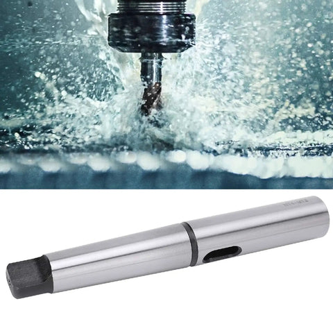 Lengthened taper drill sleeve reducing adapter MT4 to MT3, quenched HSS, silver CNC milling accessory (side view)