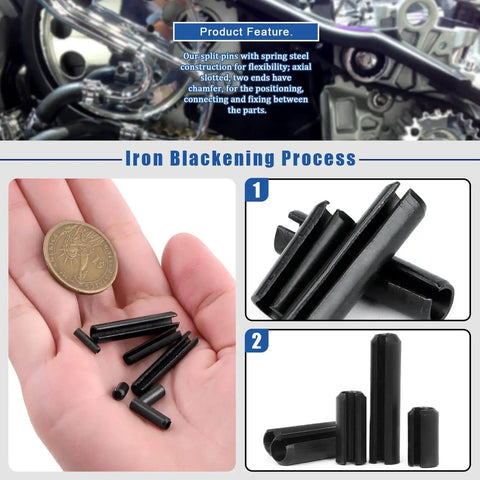 416 Piece Roll Pin Assortment Set M1.5 To M6, Black Finish, 65Mn Steel Durable Pins shown in hand and close-up view.