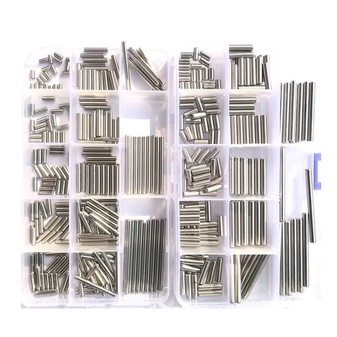 Cylindrical Pin Locating Dowel Set 304 Stainless Steel DIN 6325 M1 To M8 Combo Kit shown in compartment box for precise alignment.