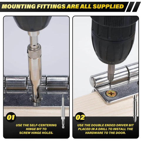 Drill installing door hinges using Router Template Hinge Mortiser for 3 to 5 inch hinges, square or radius corners, woodworking projects.