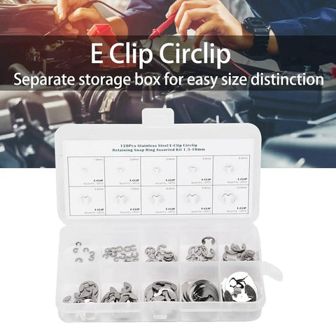 120 Piece External E Clip Circlip Retaining Ring Set Stainless Steel For Quick Fixes And DIY Projects One Point Five Mm To Ten Mm Range With Rustproof Burr Free Design For Indoor And Outdoor Use in storage box