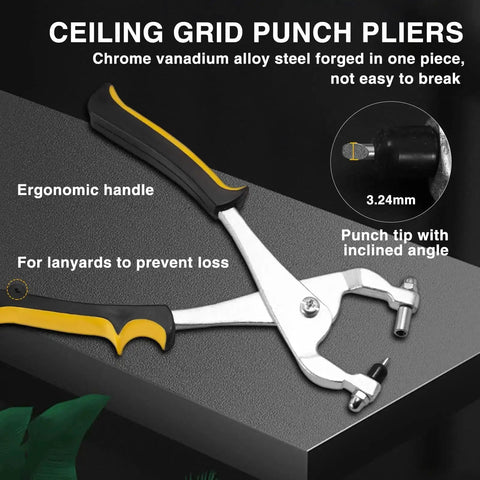 9.5 Inch Ceiling Grid Punch Tool, heavy duty hole punch pliers with ergonomic handle and chromium-vanadium steel on display.