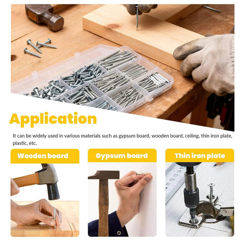 Premium Hardware Nails And Wood Screws Kit, 320-Piece Assortment with 11 Sizes, in use with wood and various boards